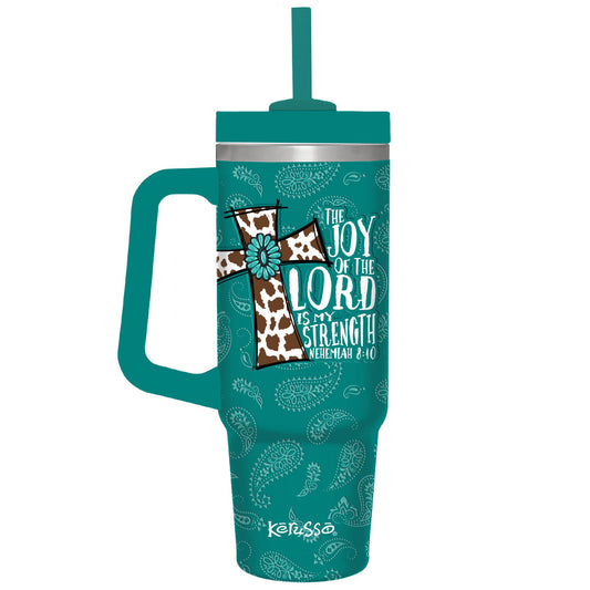 Kerusso 30 oz Stainless Steel Mug With Straw Cowhide Cross